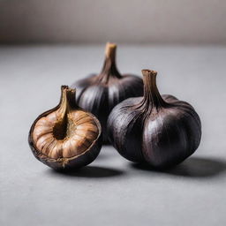 A photogenic, high-quality image of black garlic, styled aesthetically to enhance its unique characteristics and appeal, possibly with a muted, neutral background to let the product stand out.