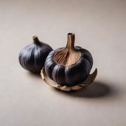 A photogenic, high-quality image of black garlic, styled aesthetically to enhance its unique characteristics and appeal, possibly with a muted, neutral background to let the product stand out.