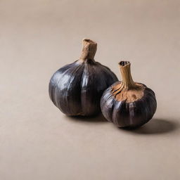 A photogenic, high-quality image of black garlic, styled aesthetically to enhance its unique characteristics and appeal, possibly with a muted, neutral background to let the product stand out.