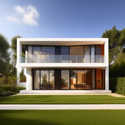 Architectural design of a 17 by 12 meter house with four bedrooms, modern aesthetic, detailed layout, landscaped garden.