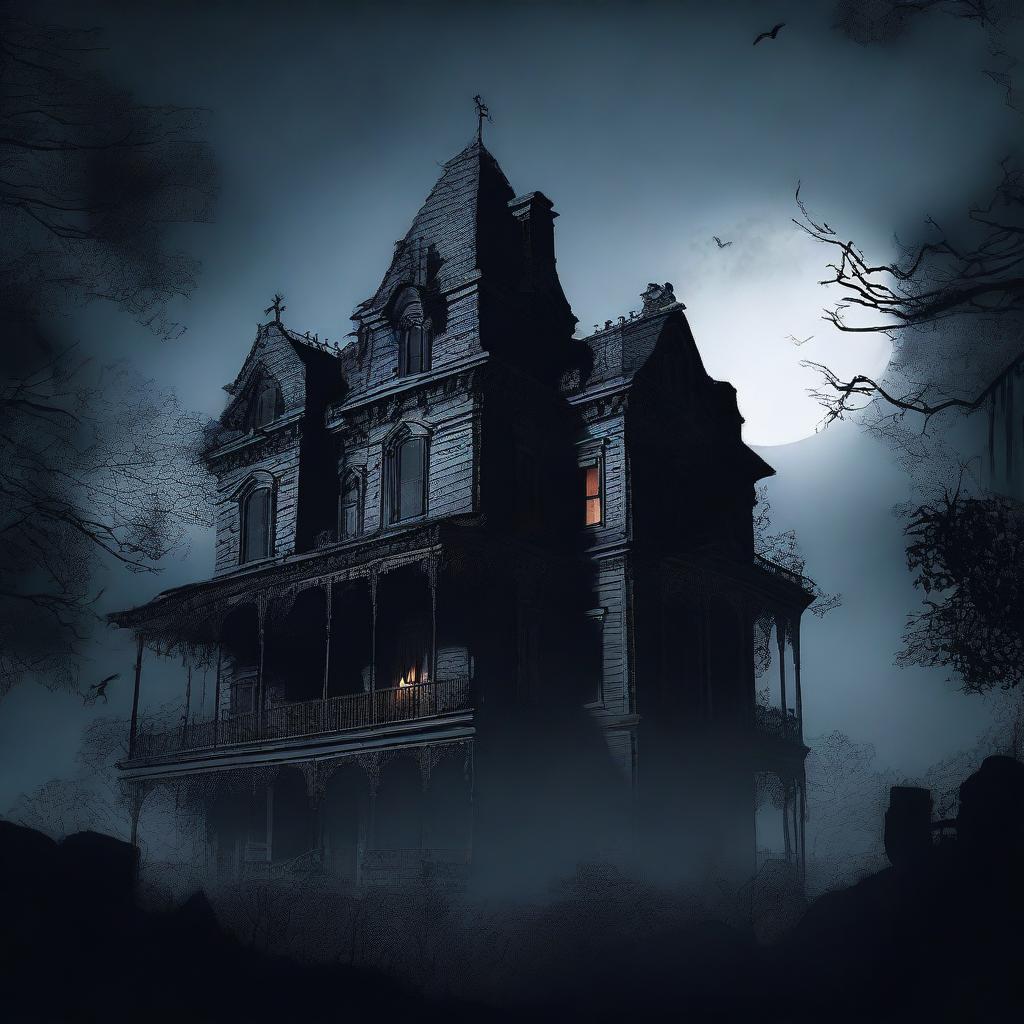 This is a digital art representation of a haunted mansion under a gloomy night sky