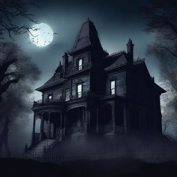 This is a digital art representation of a haunted mansion under a gloomy night sky