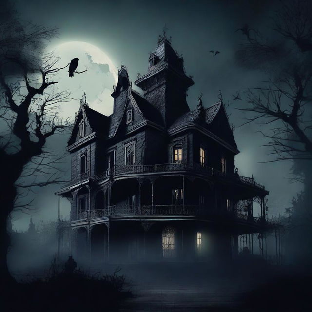 This is a digital art representation of a haunted mansion under a gloomy night sky