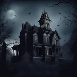 This is a digital art representation of a haunted mansion under a gloomy night sky