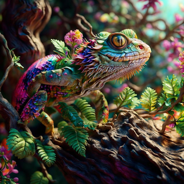 A vibrant Rococo-inspired lizard climbs a textured tree in a hyper-realistic 3D photograph. Sunlight filters through a lush canopy above while colourful flowers peek through in the background, creating a whimsical, fantasy vibe.