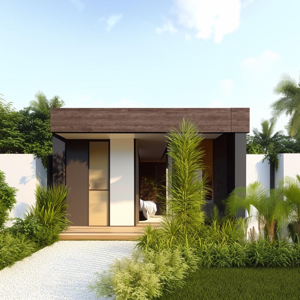 Architectural design of a 17 by 12 meter house with four bedrooms, modern aesthetic, detailed layout, landscaped garden.