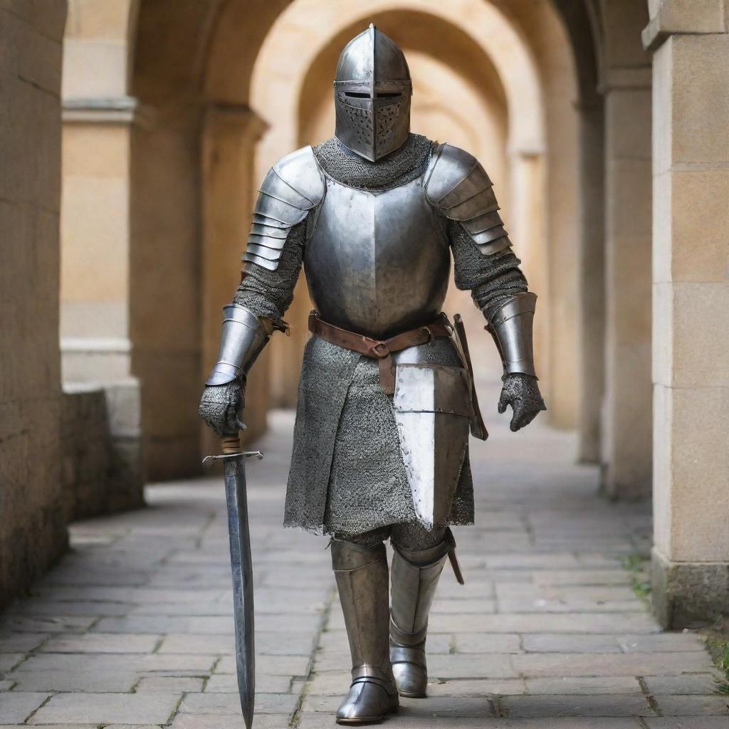 Intriguing image of a knight, traditional armor and all, taking his first, determined steps towards becoming a dental student