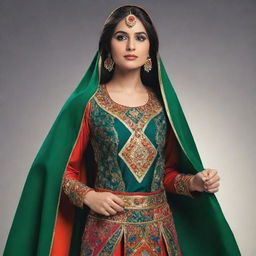 A stylish Pakistani super hero, exhibiting traits of bravery and strength. Adorned in a colorful costume incorporating elements of traditional Pakistani attire.