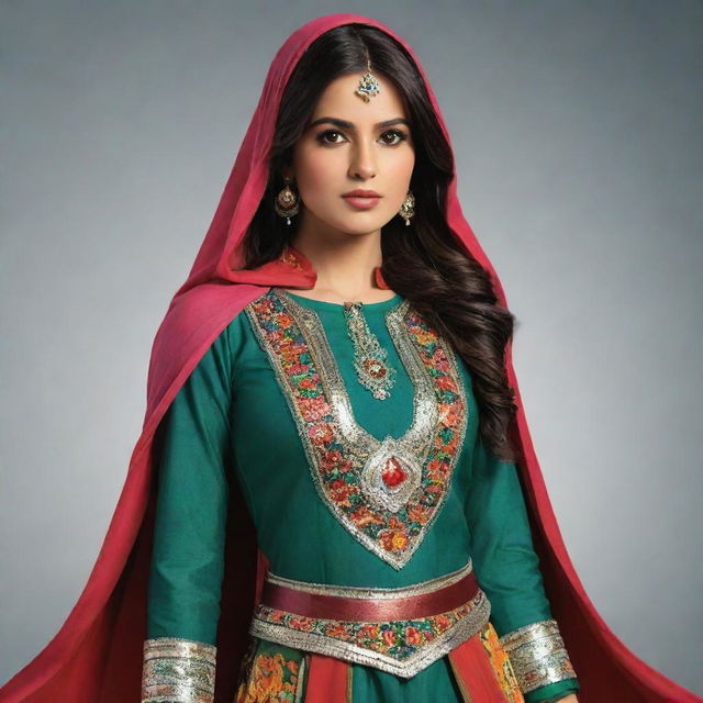 A stylish Pakistani super hero, exhibiting traits of bravery and strength. Adorned in a colorful costume incorporating elements of traditional Pakistani attire.