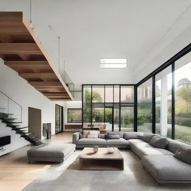 The modernist architecture of the duplex house is characterized by its bipartite structure, with separate living spaces for two families on each floor.