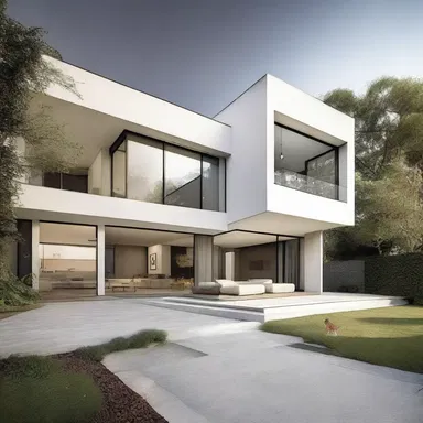 The modernist architecture of the duplex house is characterized by its bipartite structure, with separate living spaces for two families on each floor.
