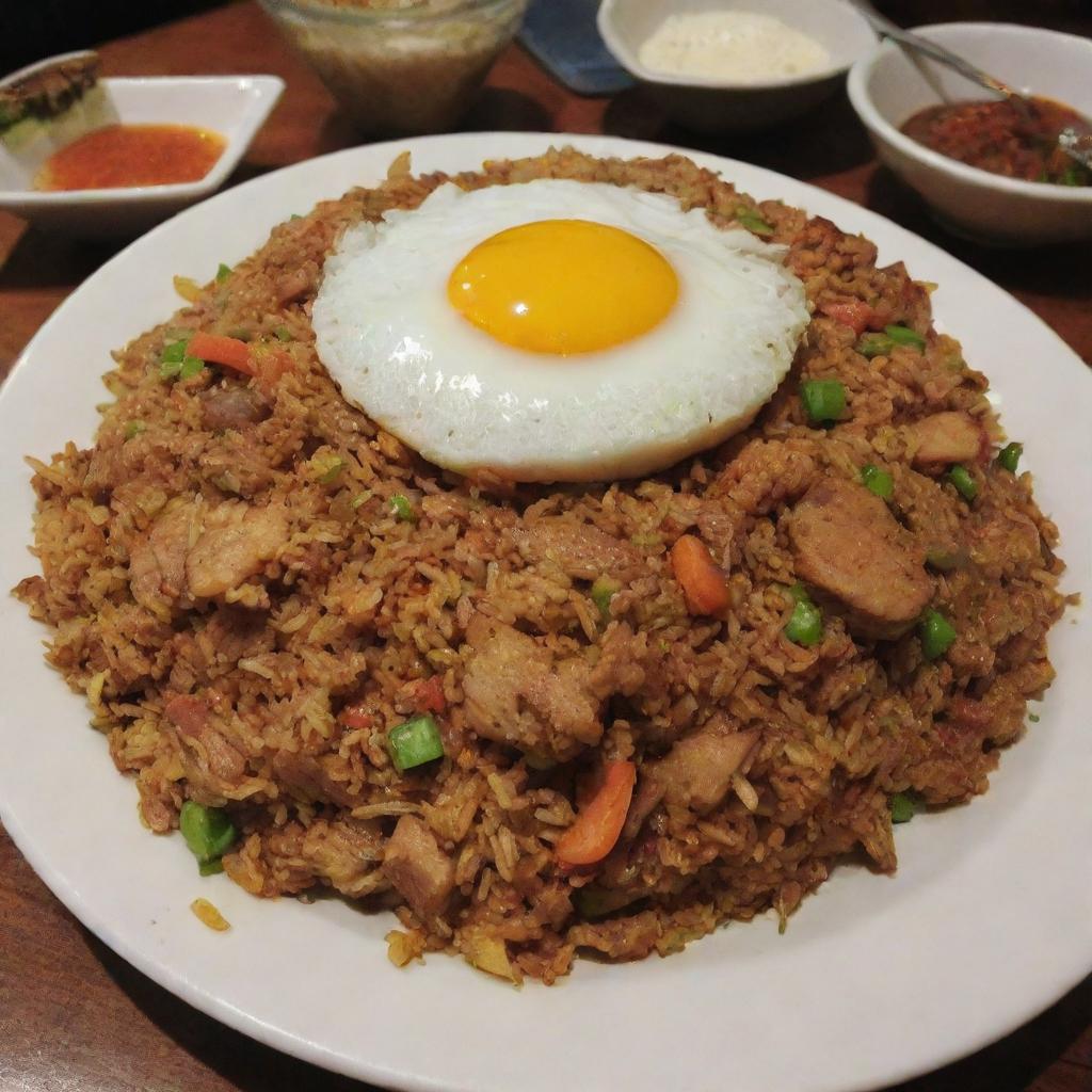 A tantalizing plate of Nasi Goreng, excellently presented and garnished, suggesting a value of one million Indonesian Rupiah.