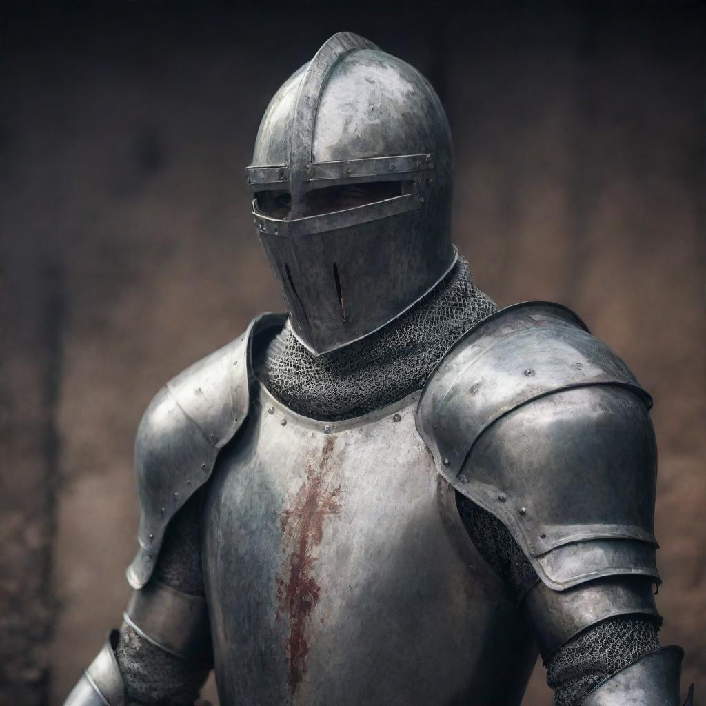 Emotionally charged image of a knight enveloped in his armor, his demeanor characterized by a profound sadness