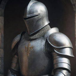 Emotionally charged image of a knight enveloped in his armor, his demeanor characterized by a profound sadness