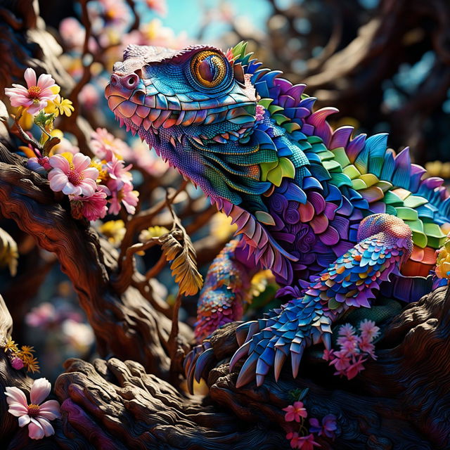 A Rococo-inspired lizard in vibrant colours climbs a textured tree in a hyper-realistic 3D photograph. Dappled sunlight filters through the canopy, illuminating the scene and the colourful flowers in the background. The image exudes a fantasy vibe with its close-up perspective and high-definition detail.