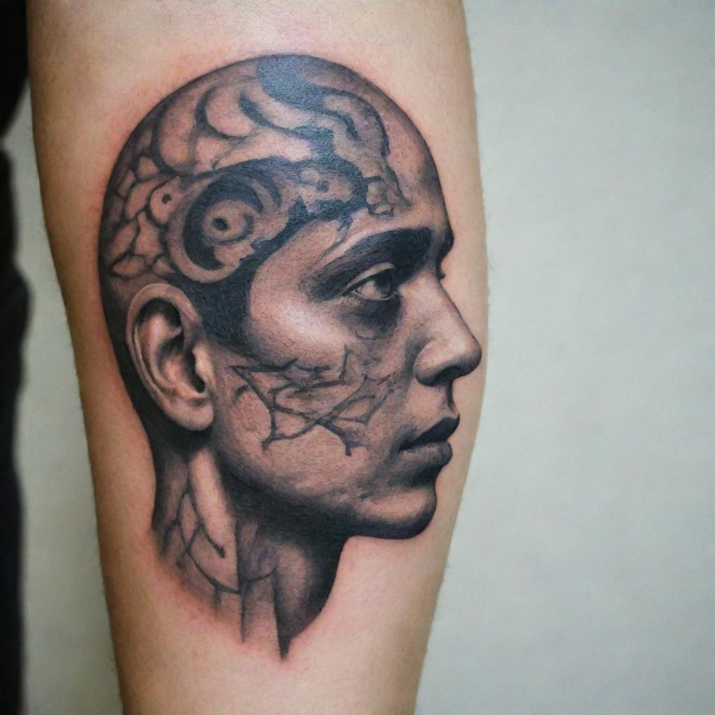 A tattoo depicting the concept of the subconscious mind on a human face.