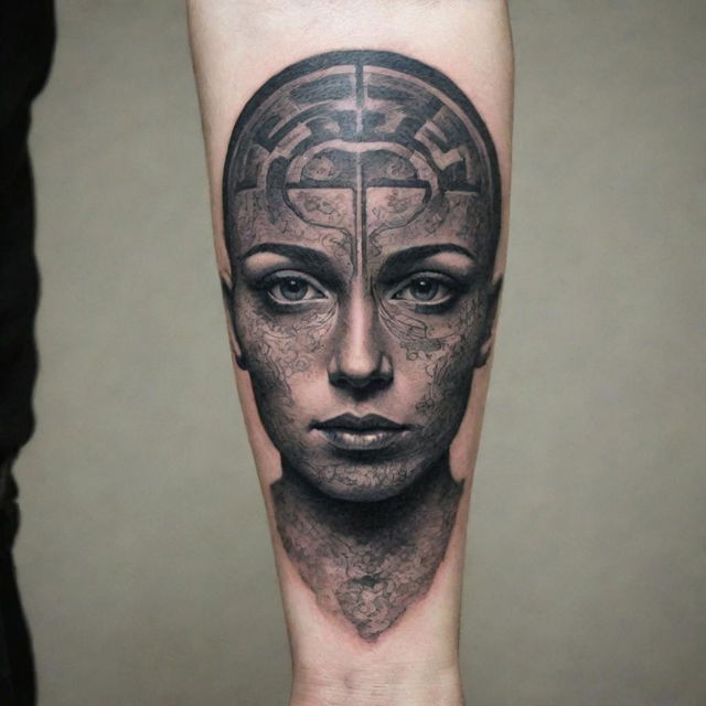 A tattoo depicting the concept of the subconscious mind on a human face.