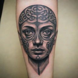 A tattoo depicting the concept of the subconscious mind on a human face.