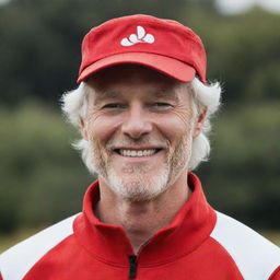 An achromatic man with white skin and hair, wearing red clothing and a red visor, smiling joyfully.