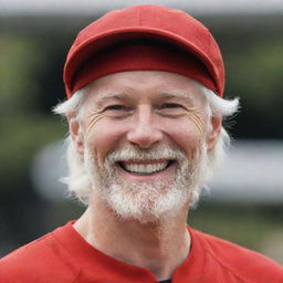 An achromatic man with white skin and hair, wearing red clothing and a red visor, smiling joyfully.