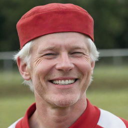 An achromatic man with white skin and hair, wearing red clothing and a red visor, smiling joyfully.