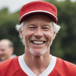 An achromatic man with white skin and hair, wearing red clothing and a red visor, smiling joyfully.