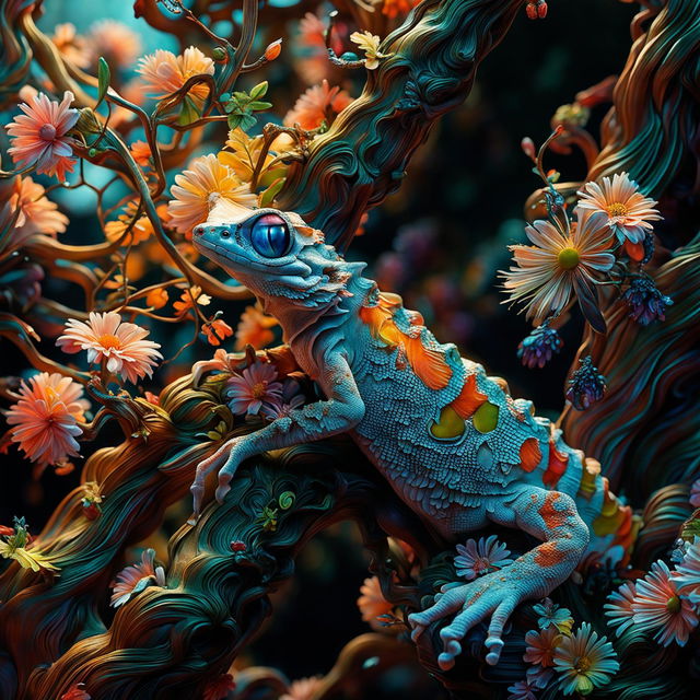 Hyper-realistic 3D Rococo-inspired photography of a vibrant gecko climbing a gnarled tree with light filtering through the canopy and a backdrop of colourful flowers.