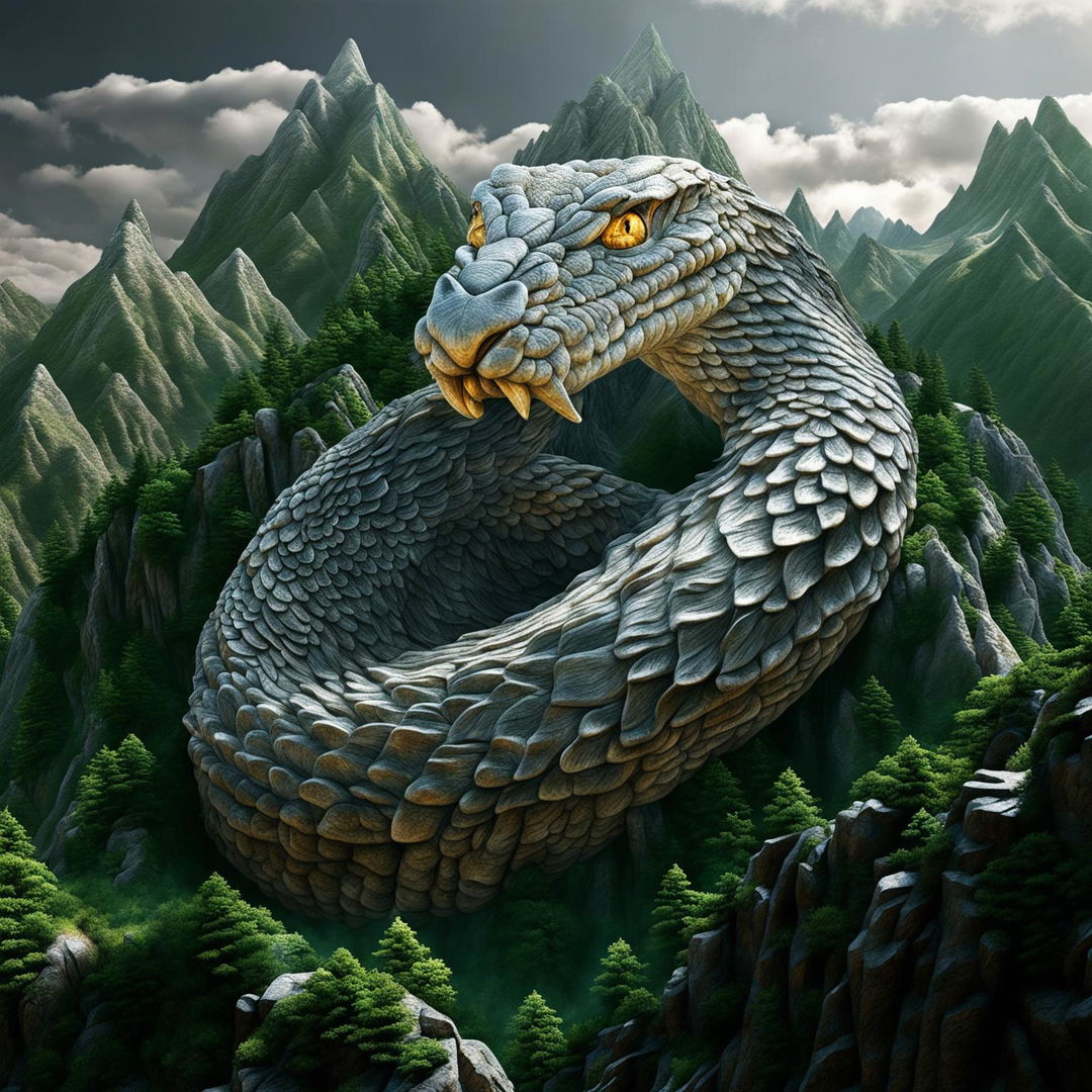 A digital art piece presenting a breathtaking scene of a colossal snake wrapped around a towering mountain