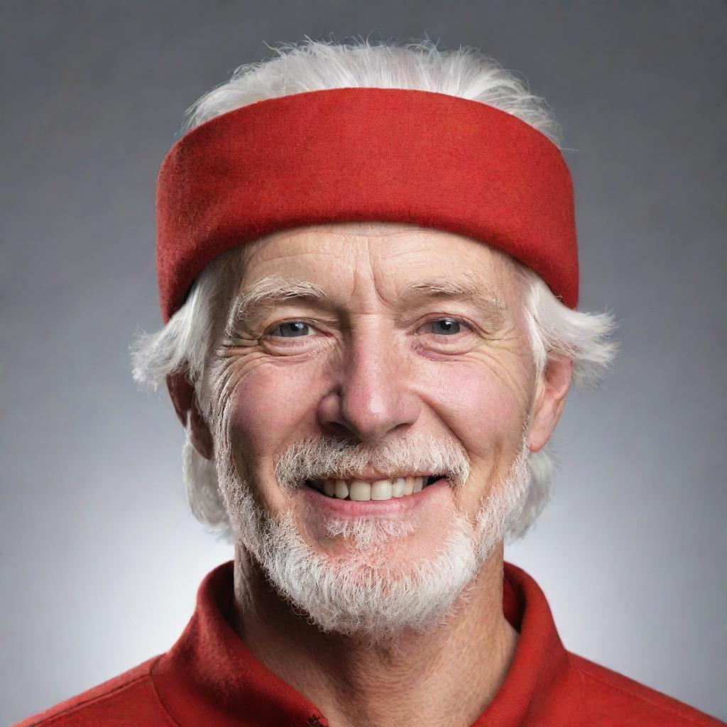 Create a detailed illustration of an achromatic, white-skinned and white-haired man with a cheerful (=) face expression, adorned in vibrant red clothing and sporting a matching red visor.