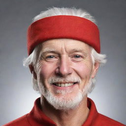 Create a detailed illustration of an achromatic, white-skinned and white-haired man with a cheerful (=) face expression, adorned in vibrant red clothing and sporting a matching red visor.