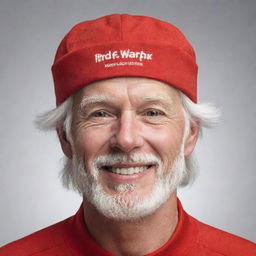 Create a detailed illustration of an achromatic, white-skinned and white-haired man with a cheerful (=) face expression, adorned in vibrant red clothing and sporting a matching red visor.