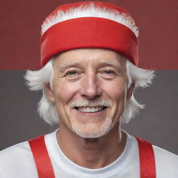 Create a detailed illustration of an achromatic, white-skinned and white-haired man with a cheerful (=) face expression, adorned in vibrant red clothing and sporting a matching red visor.