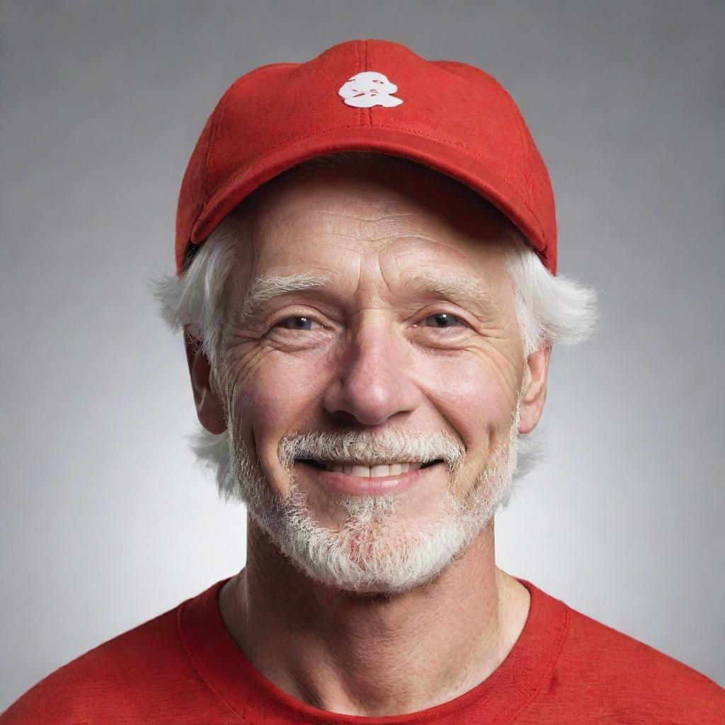 Create a detailed illustration of an achromatic, white-skinned and white-haired man with a cheerful (=) face expression, adorned in vibrant red clothing and sporting a matching red visor.