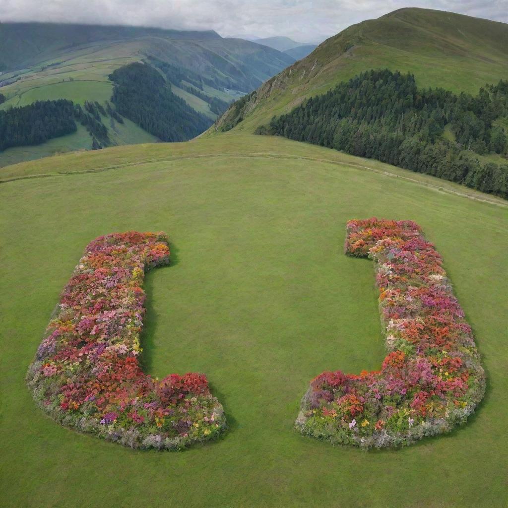 Two identical mountains stand at the left and right, framing a field of flowers and greenery, shaped like a 'D'. Nestled between them is a landscape feature that forms the shape of an 'S', exuding a beautiful depth and distance.