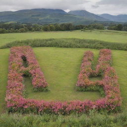 Two identical mountains stand at the left and right, framing a field of flowers and greenery, shaped like a 'D'. Nestled between them is a landscape feature that forms the shape of an 'S', exuding a beautiful depth and distance.