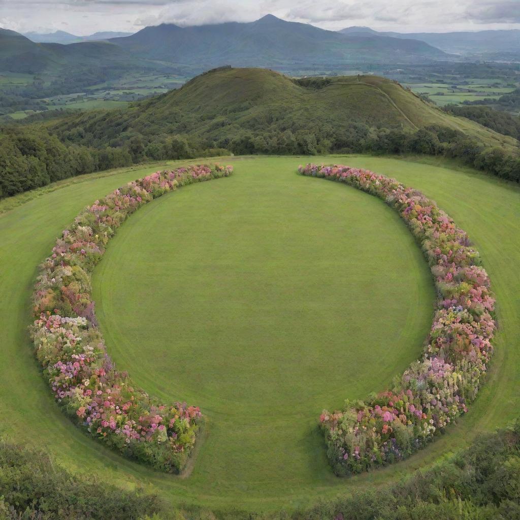 Two identical mountains stand at the left and right, framing a field of flowers and greenery, shaped like a 'D'. Nestled between them is a landscape feature that forms the shape of an 'S', exuding a beautiful depth and distance.