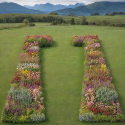 Two identical mountains stand at the left and right, framing a field of flowers and greenery, shaped like a 'D'. Nestled between them is a landscape feature that forms the shape of an 'S', exuding a beautiful depth and distance.