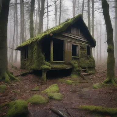 The abandoned cabin deep in the woods was shrouded in darkness, with pleurocarpous moss creeping up the decaying walls, adding an eerie touch to the horror story.