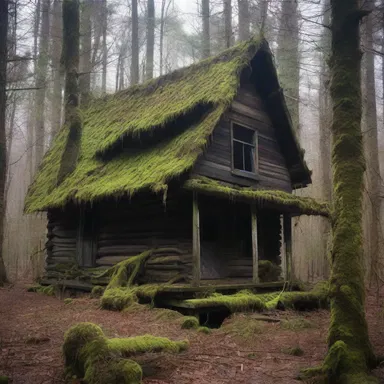The abandoned cabin deep in the woods was shrouded in darkness, with pleurocarpous moss creeping up the decaying walls, adding an eerie touch to the horror story.