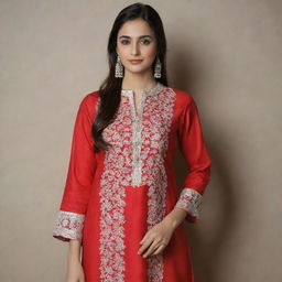 A stunning Pakistani girl in a beautifully tailored red colored kurta pajama