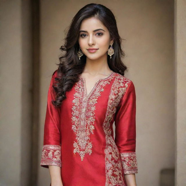 A stunning Pakistani girl in a beautifully tailored red colored kurta pajama