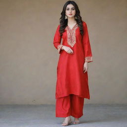 A stunning Pakistani girl in a beautifully tailored red colored kurta pajama