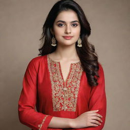 A stunning Pakistani girl in a beautifully tailored red colored kurta pajama