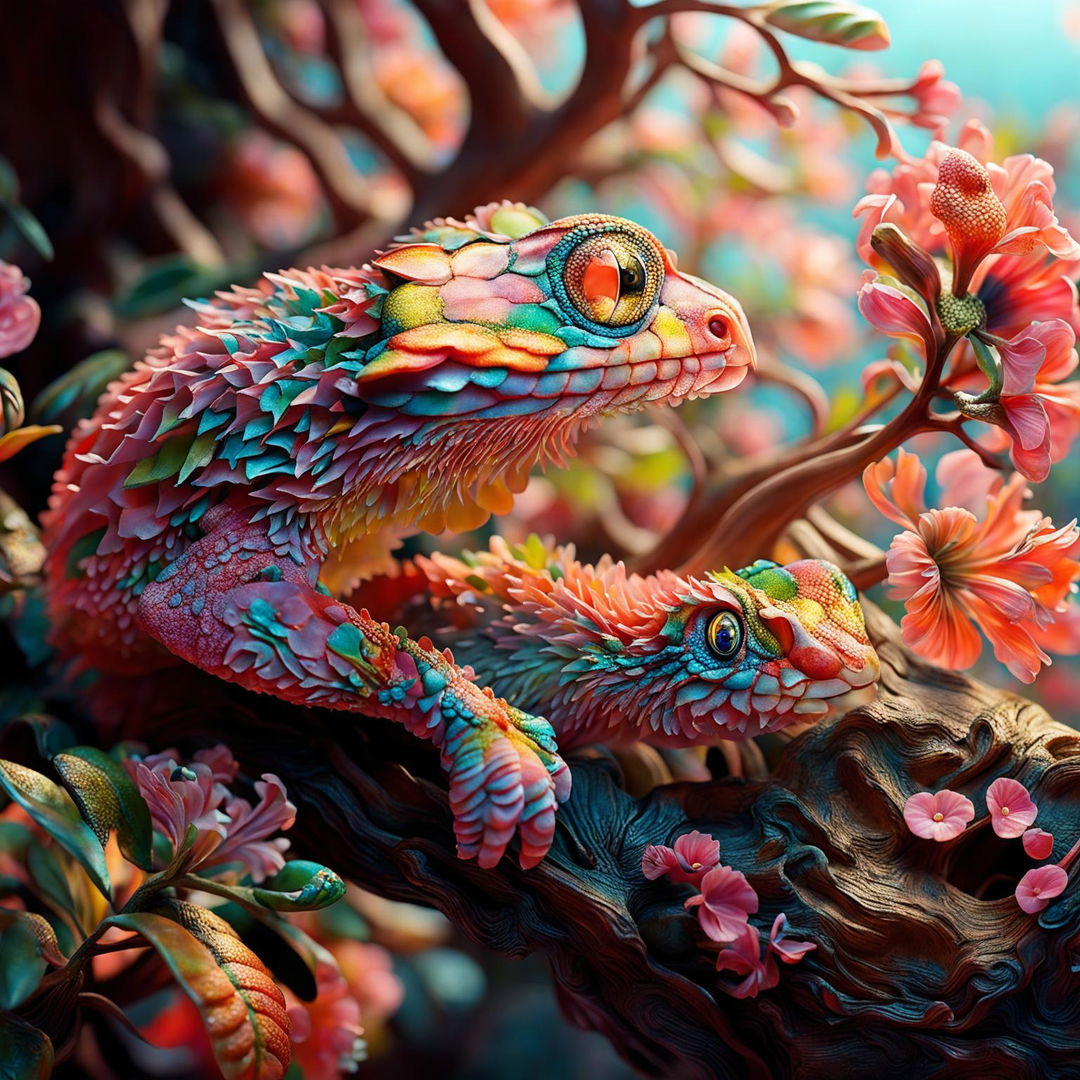 Hyper-realistic 3D Rococo-inspired photography of a vibrant gecko climbing a gnarled tree with light filtering through the canopy and a backdrop of colourful flowers.