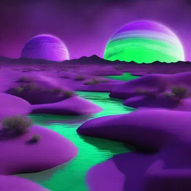 In the distant future, humans inhabit a purple-green planet where the plants glow with an otherworldly hue.