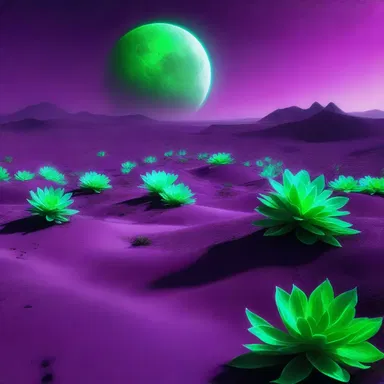 In the distant future, humans inhabit a purple-green planet where the plants glow with an otherworldly hue.
