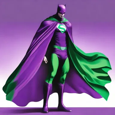 The superhero's cloak billowed behind him, displaying a vibrant purple-green color that symbolized his extraordinary powers.