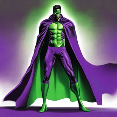 The superhero's cloak billowed behind him, displaying a vibrant purple-green color that symbolized his extraordinary powers.