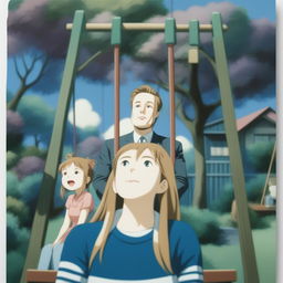 A high-quality, Japanese anime-style digital art piece showcasing Elon Musk and a girl standing on a swing.