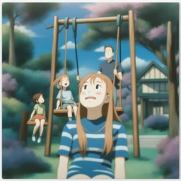 A high-quality, Japanese anime-style digital art piece showcasing Elon Musk and a girl standing on a swing.